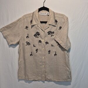 Peter Martin Giaraffe Embroidered  Linen Shirt Womens 12 Safari Resortwear
